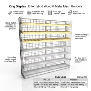 7-Tier Convenience Store Shelf Hybrid Wood and Metal Mesh Bakery Gondola 1.2mm Heavy Duty Factory Direct