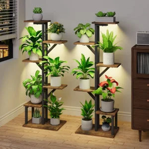 7-Tier Ladder-Shaped LED Plant Stand Wood and Metal Flower Pot Display Rack for Indoor Use