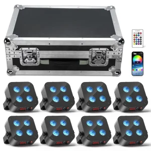 8pcs 4X18W Wireless Stage Par Lights with Flight Case Battery Powered RGBWA UV 6-in-1 Rechargeable Uplights