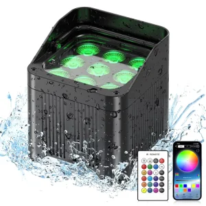 9 x 18W Battery Powered Waterproof LED Uplight PAR, RGBWA+UV, Remote, App, and DMX Control