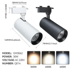 AC220V 30W COB LED Track Spotlight Aluminum Black White Shell 3 Color Temperatures Adjustable Angle for Commercial Home Lighting