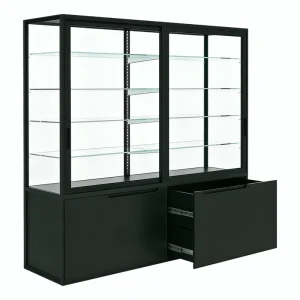 APEX Custom Glass Display Cabinet with LED Lighting Adjustable Shelves and Storage Drawer for Retail Store