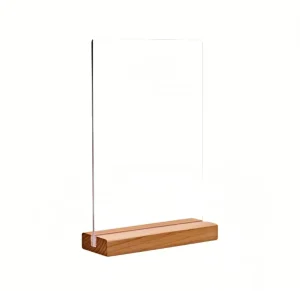 Acrylic Display Stand with Solid Wood Base for Restaurant Menus and Desk Nameplates