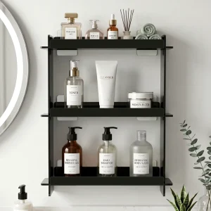 Adhesive No-Drill 3-Tier or 4-Tier Black Acrylic Wall-Mounted Display Rack for Commercial Toilets and Bathrooms
