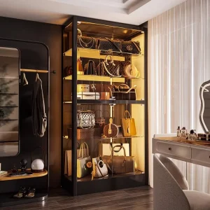 Adjustable-Height Glass Display Cabinet with LED Lighting for Living Room
