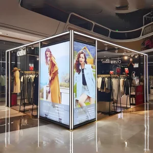 Aluminum and Wood Column Frame Clothing Display Stand for Atrium Shopping Centers, Customizable Sizes