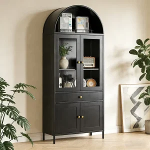 Antique Arch-Top Black Metal and Glass Display Cabinet with Glass Doors