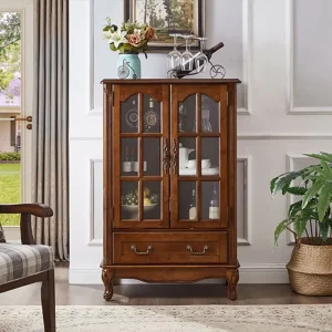 Antique Wooden Display Cabinet with Adjustable Shelves and Dark Brown Glass Doors