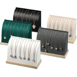Arc-Shaped Jewelry Necklace Display with White PU Leather Bracelet and Wooden Base