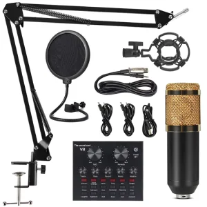 BM800 Condenser Microphone Kit with Computer Sound Card, Audio Mixer, V8 Live Streaming, Singing and Recording