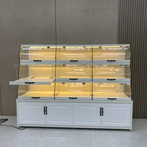 Baking Shop Specific Glass Display Cabinet With LED Lit Layers Luxury Eco Friendly Design Carton Packed For Cake Dessert Display