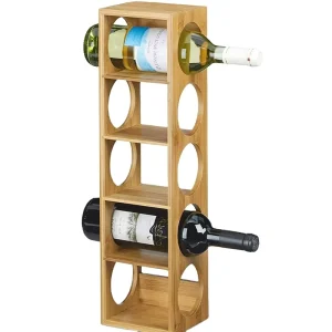 Bamboo Stackable 5-Bottle Wine Holder and Glass Display Rack, Freestanding Floor Stand