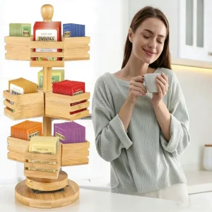 Bamboo Tea Bag Organizer Coffee Box 3-Layer 360-Degree Rotating Carousel Rack for Desktop Kitchen or Office