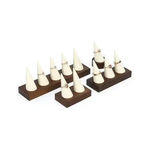 Beige and Dark Gray Wooden Finger Ring Holder with Microfiber Cone