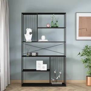 Black Finished Metal Floor Rack Steel Bookshelf and Display Shelf for Living Room