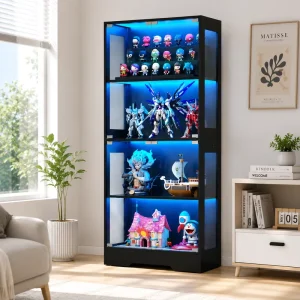 Black Glass Living Room Cabinet for Toy Figures with Tall LED Lighting