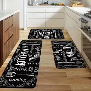 Black Kitchen Floor Mat with Cooking Dining Themes Non Slip Washable Polyester Mat with Utensil Illustrations for Kitchen Room