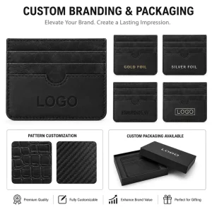 Black Leather Slim Card Holder Wallet with Curved Thumb Slot and Multi-Card Storage