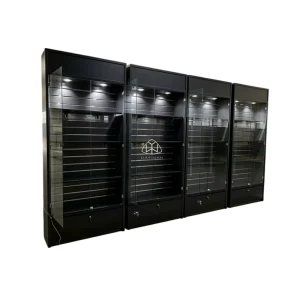 Black Wall-Mounted Glass Cabinet with Slat Wall Display and Removable Shelves