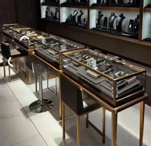 Black and Gold Glass Jewelry Island Display Cabinet with LED Showcase for Fine Jewelry Retail