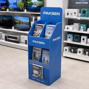 Blue Tech Graphic Header Cardboard Floor Display Stand for Magazine Brochure Merchandise Rack