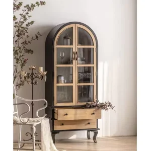 Brown Antique Display Cabinet with Glass Door and Drawer for Living Room, Hallway, Entryway, or Kitchen