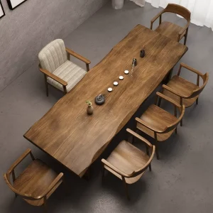 Chinese-Style Solid Wood Tea Table and Chair Set with Log-Slab Platform