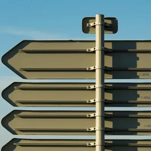 City Tourism Directional Sign Post with Multi-Arrow Blades and Street Name Wayfinding Sign