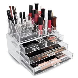 Clear Acrylic Cosmetic and Jewelry Storage Display Rack with Drawers and Stand