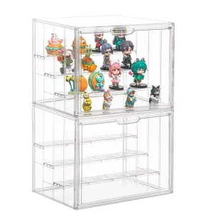 Clear Acrylic Stackable Figure Display Cabinet with Movable Plates and Magnetic Door