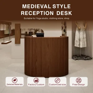 Clothing Store Oval Shaped Curved Walnut Wood Reception Checkout Counter Medieval Style Complete Set Commercial Furniture
