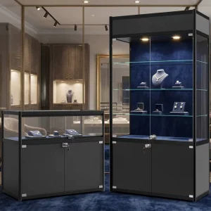 Commercial Tall Cabinets and Countertop Jewelry Display Cases Lockable Glass Jewelry Display Racks and LED Display Cases