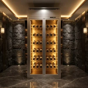 Commercial Wine Cabinet Metal Tempered Glass Shelves LED Temperature and Humidity Control