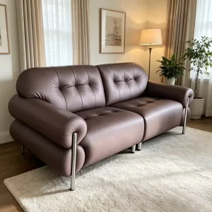 Compact 2-Seater Genuine Leather Tufted Modular Sofa with Stainless Steel Legs