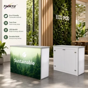 Compact Retail Checkout Counter with LED Backlight and Lockable Storage