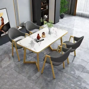 Complete Dining Table Set with Marble Surface Gold Base and Upholstered Chairs