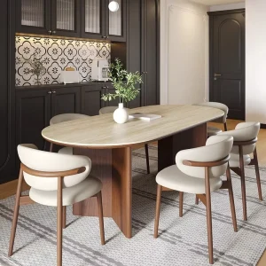 Contemporary Walnut Solid Wood Oval Dining Table Set with 6 Cream Beige Upholstered Arm Chairs for Living Room
