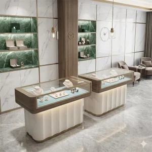 Corner White Wavy Wood Trim Glass LED Jewelry Display Counter