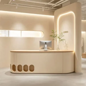 Cream Beige L-Shaped Reception Desk with Open Storage Compartment and LED Light for Beauty Salon Coffee Shop