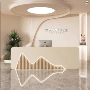 Cream Beige Reception Desk with Mountain-Shaped Vertical Fluted Front and LED Light for Beauty Salon