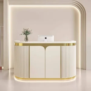 Cream White Curved Reception Desk with Gold Trim Double-Sided Vertical Fluted Panels and LED Light for Beauty Salon