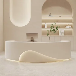 Cream White Curved Wave Reception Desk With LED Light Strip Minimalist Beauty Salon Medical Spa Custom Logo Counter