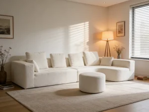 Cream White Fluffy Fabric Modular Sofa with Ottoman, Vacuum-Sealed
