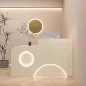 Cream White Geometric Round Arch Reception Counter with LED Light for Beauty Salon