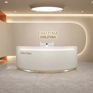 Curved Rounded Reception Desk Counter with Lacquered Finish for Beauty Salon Bar Clothing Store