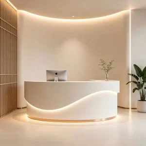 Curved White LED Reception Desk for Beauty Salon or Medical Clinic