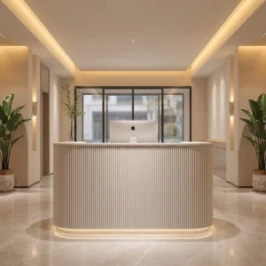 Curved White MDF Beauty Salon Reception Desk with LED Backlighting and Custom Engraving