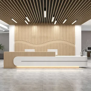 Curved Wood Reception Desk with LED Light for Hotel, Beauty Salon, or Office