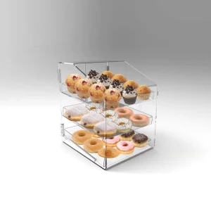 Custom Acrylic High Transparency Three Tier Freestanding Easy Assembly Dust Proof Dessert & Cake Display Case Doors for Bakeries