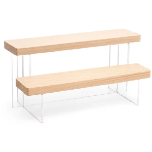 Custom Acrylic and Wooden Display Stand 2 step Transparent Display Stand Wooden Standing Desktop From Top Manufacturer
